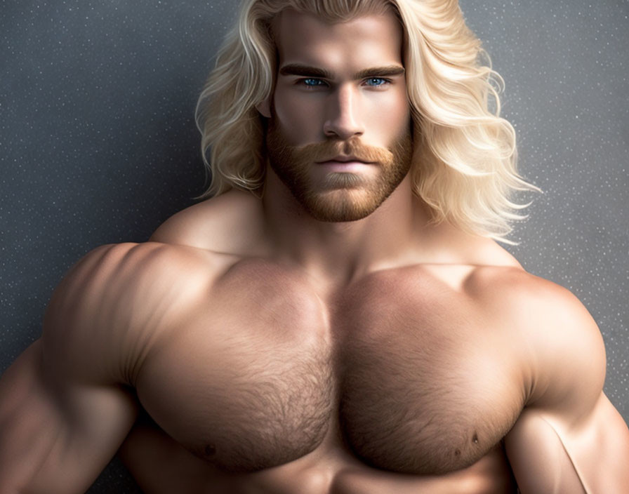 Muscular man with long blonde hair and blue eyes in a starry setting