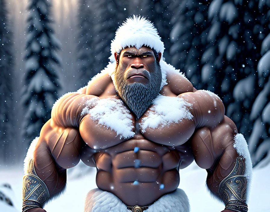 Muscular animated character in fur headband and braces covered in snowflakes in snowy forest.