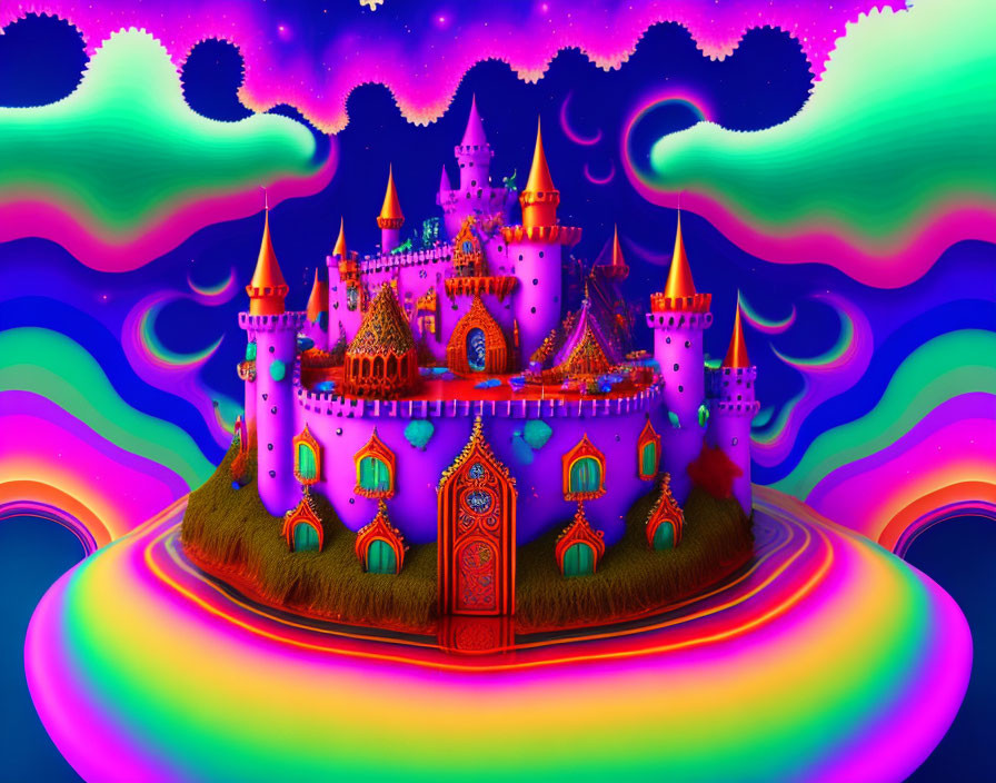 Colorful Psychedelic Castle on Surreal Landscape