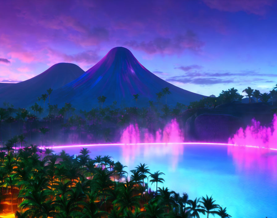 Twilight tropical landscape with neon-lit trees and pink lake glow