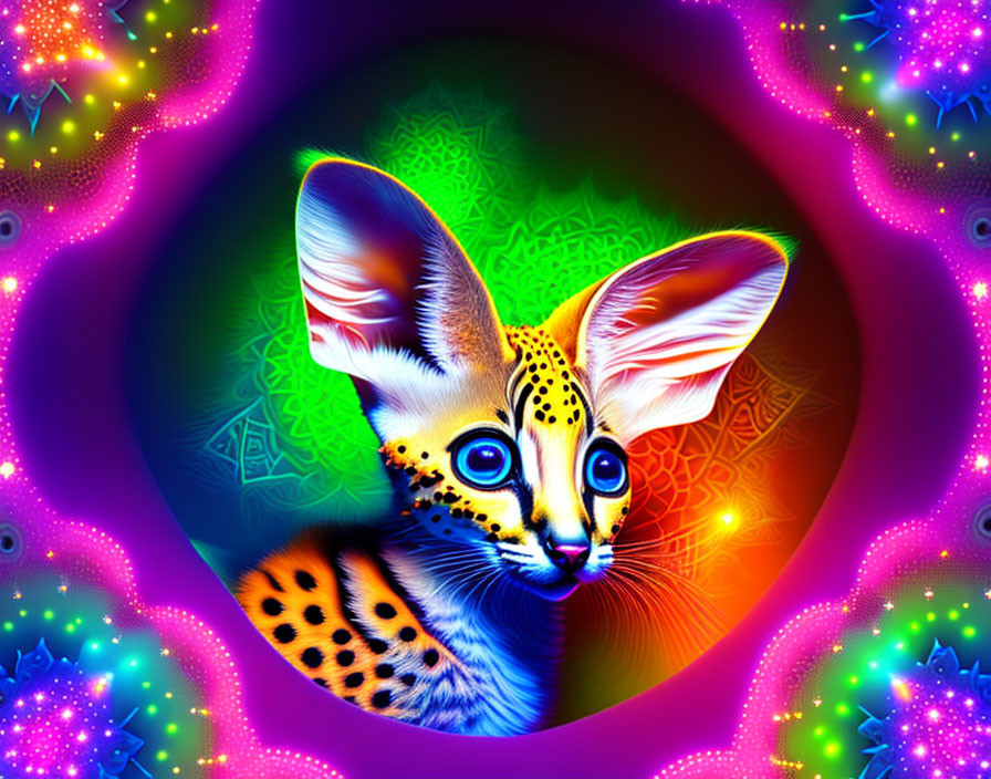 Colorful Digital Art: Neon Serva Cat on Psychedelic Background