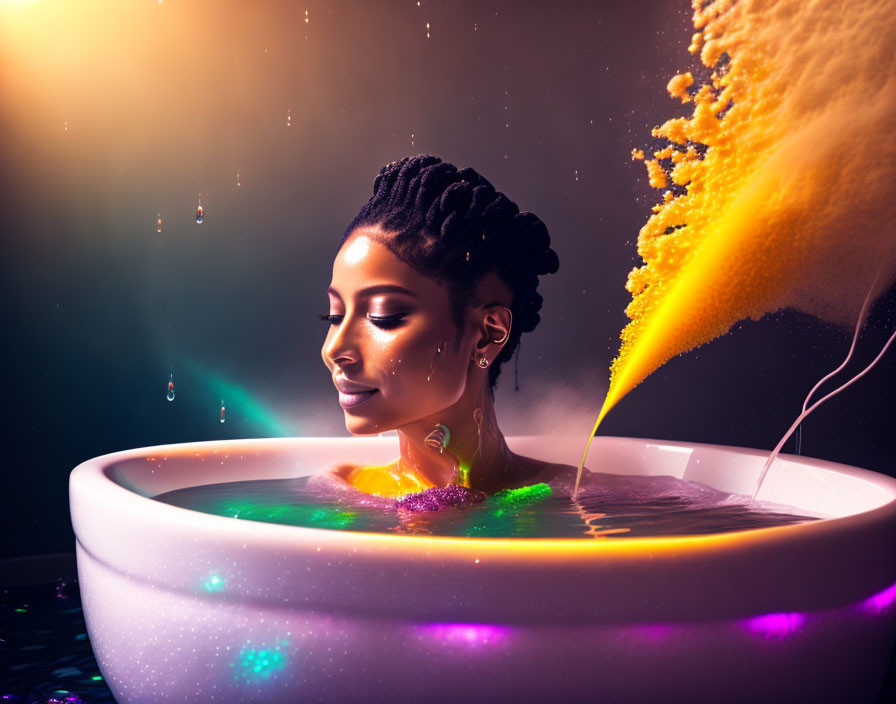 Woman with elegant hair in tub with colored lights and vibrant orange splash