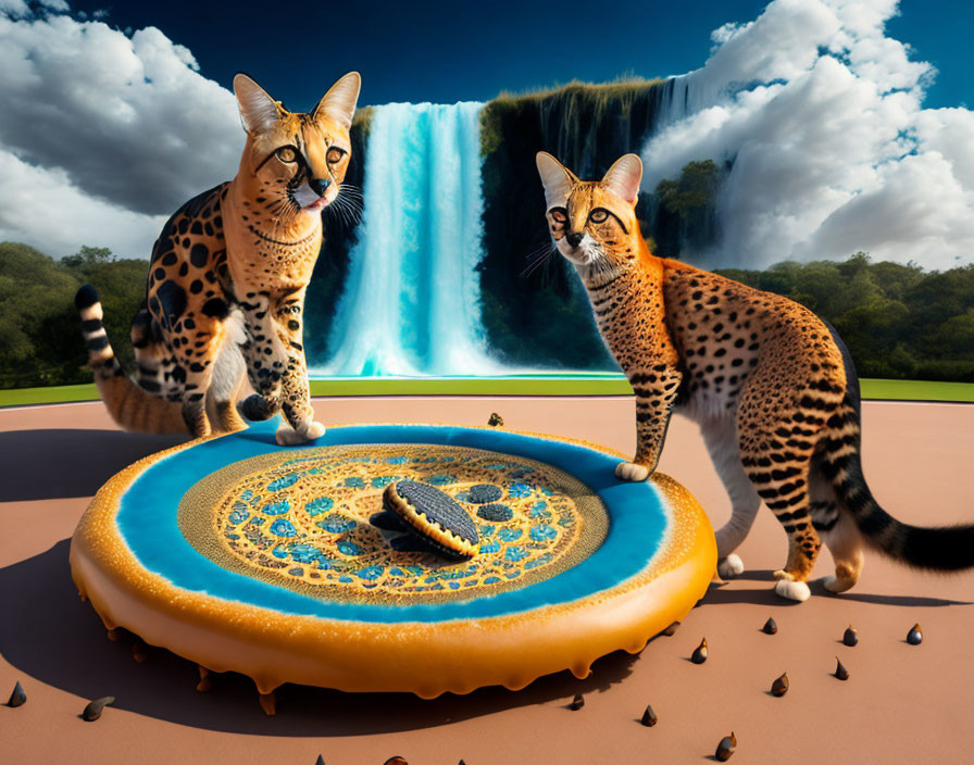 Serval cats in surreal landscape with giant inflatable donut & cookie