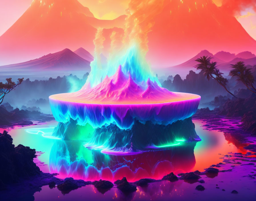 Neon-lit volcanic eruption in surreal digital art