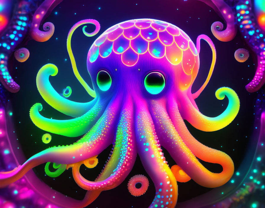 Colorful neon octopus illustration on psychedelic background