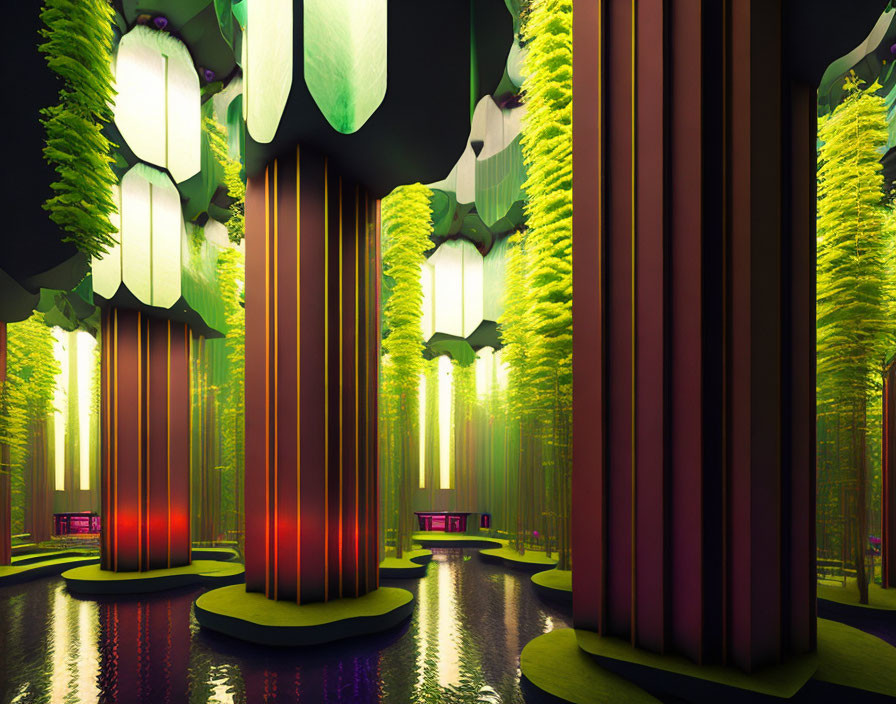 Futuristic Indoor Garden with Glowing Vertical Structures and Lush Greenery