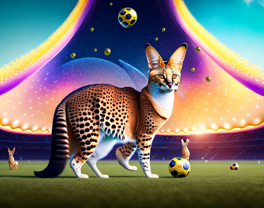 Surreal image: Patterned cats in stadium with floating balls, cosmic backdrop, and otherworld