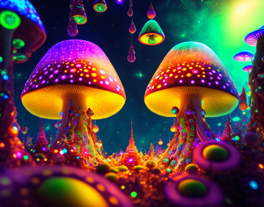 Fantasy landscape with oversized luminescent mushrooms