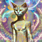 Colorful Psychedelic Cat with Human-Like Body and Fractal Background