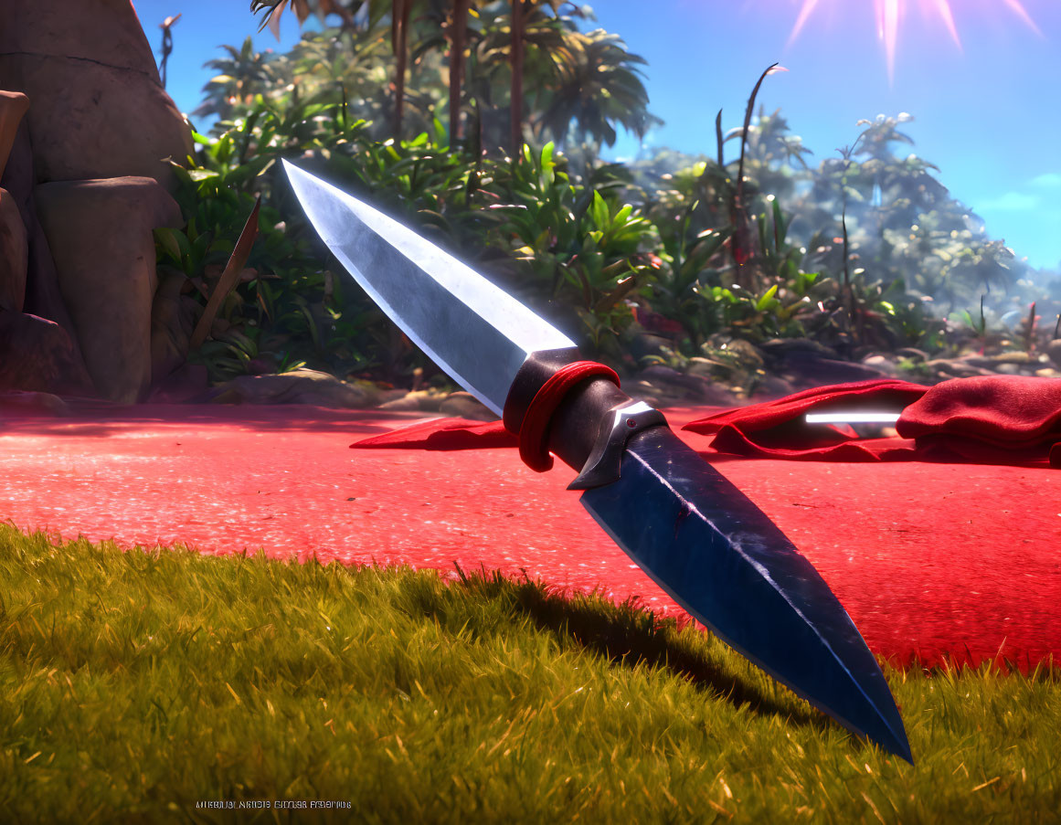 Shiny knife on red carpet with palm trees and sun