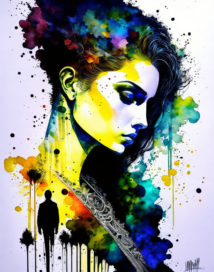 Colorful Watercolor Portrait of Woman with Man Silhouette