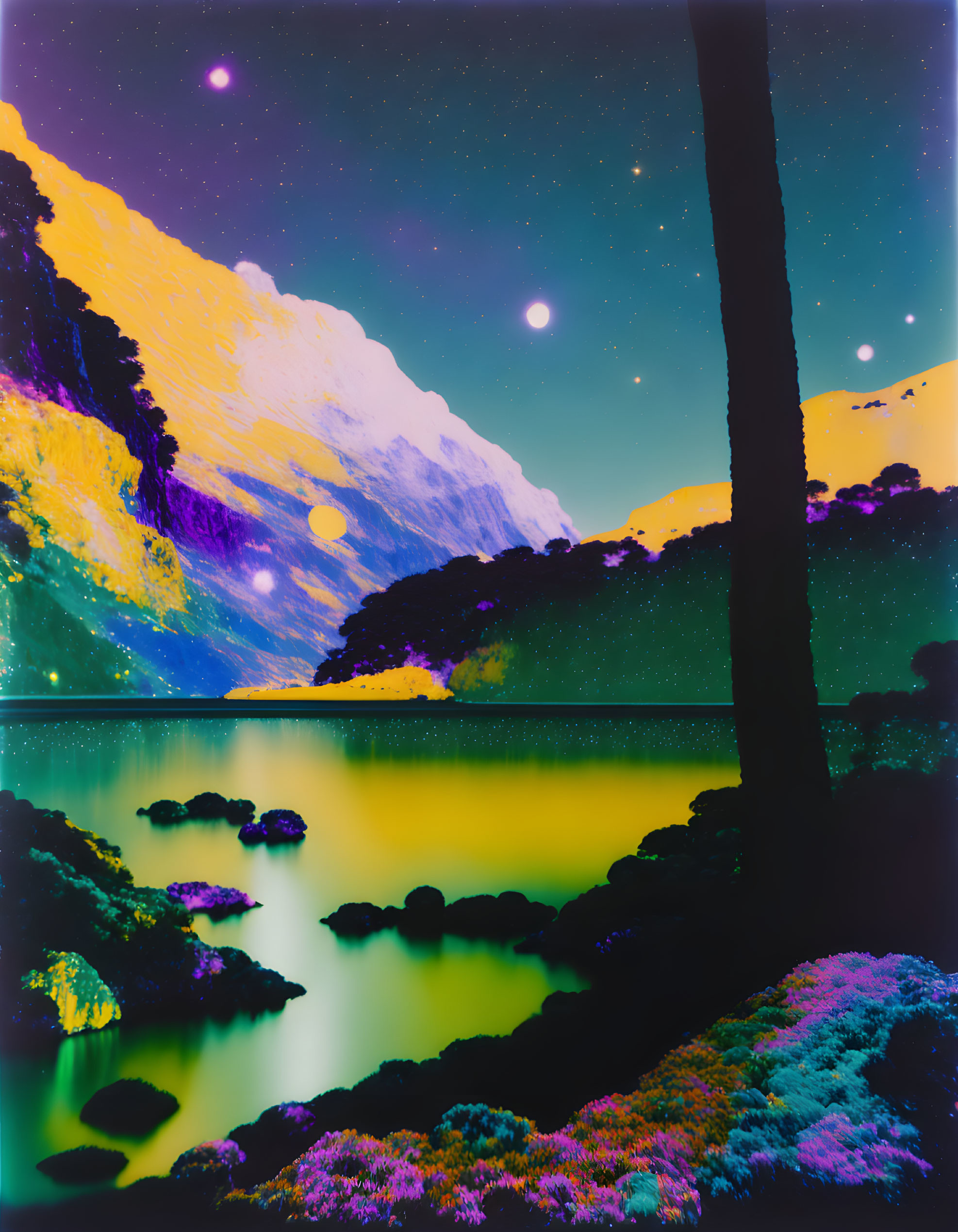 Surreal neon landscape with vivid colors and celestial glow