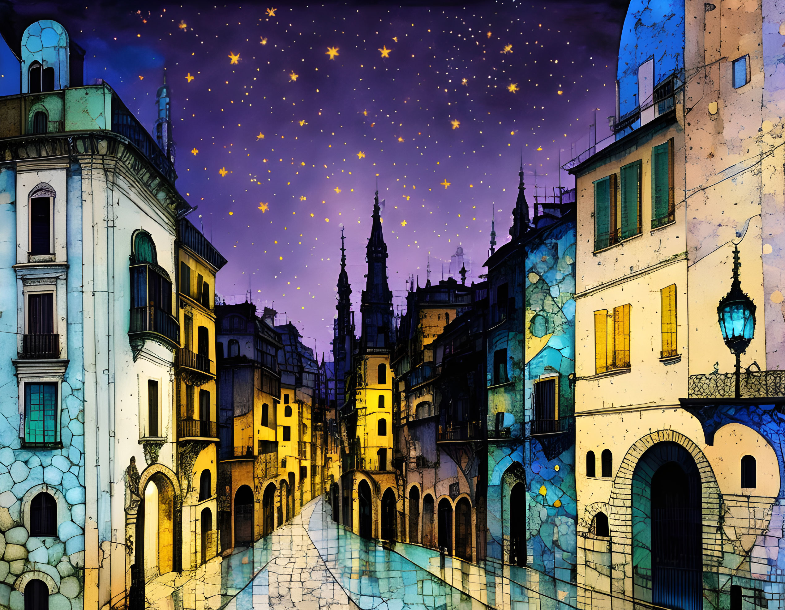 Vibrant illustration of old European street at night