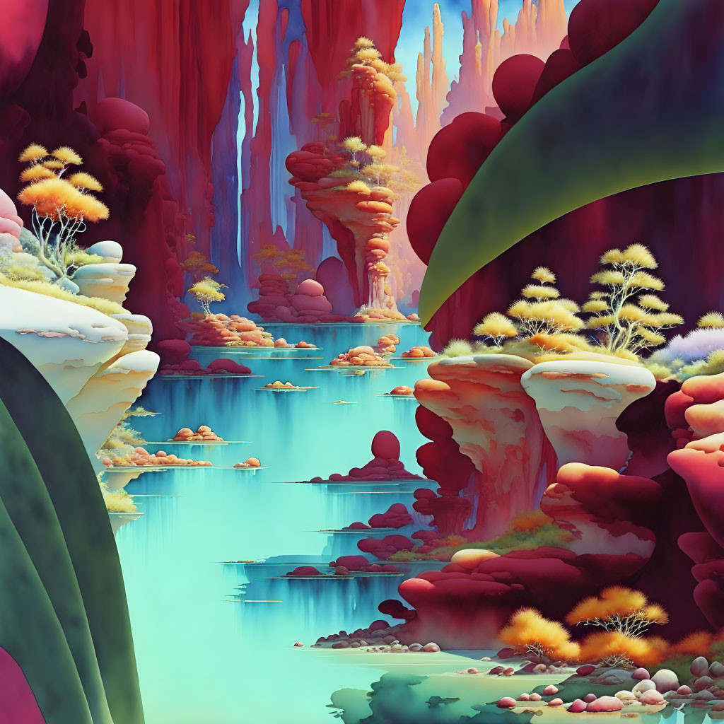 Colorful Surrealist Landscape with Blue Waterway & Fantastical Vegetation