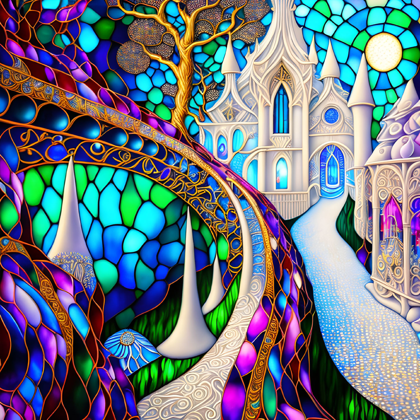 Colorful digital artwork of whimsical landscape with tree, castle-like structures, and pathways