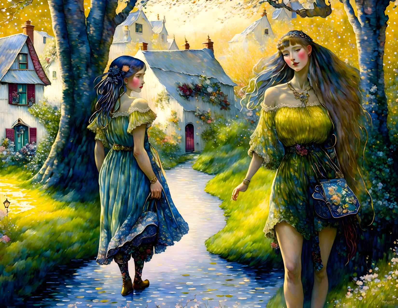 Two women in flowing dresses stroll in picturesque village lane.