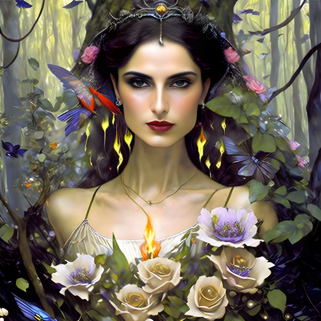 Enigmatic woman with red lips, tiara, lush greenery, flowers, and flame