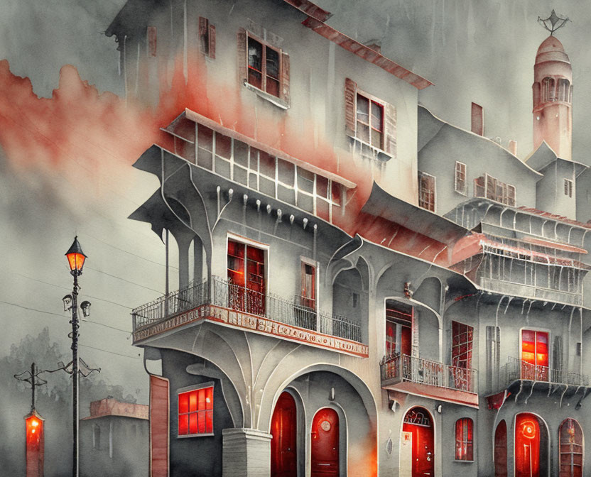 Detailed illustration of old building with lighthouse, balconies, red windows, mist, and smokey