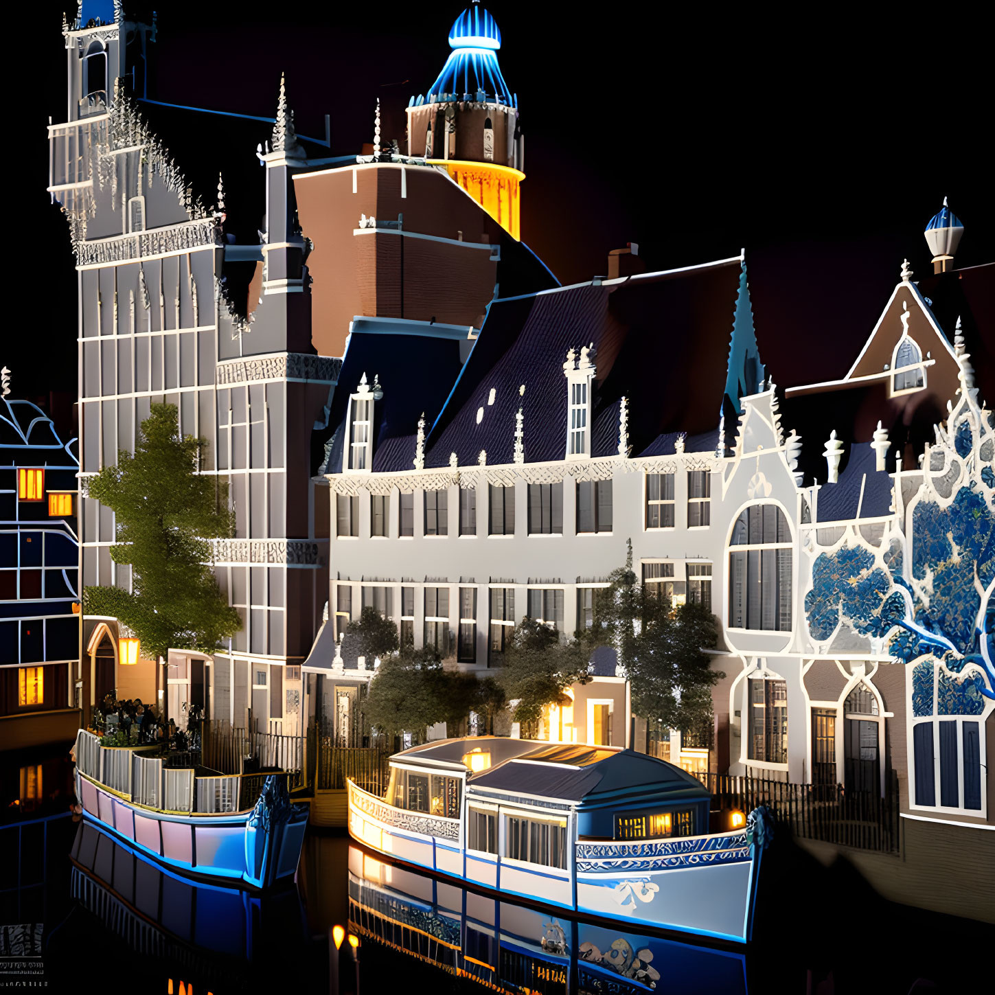 Traditional Dutch buildings and boats illuminated at night along a canal