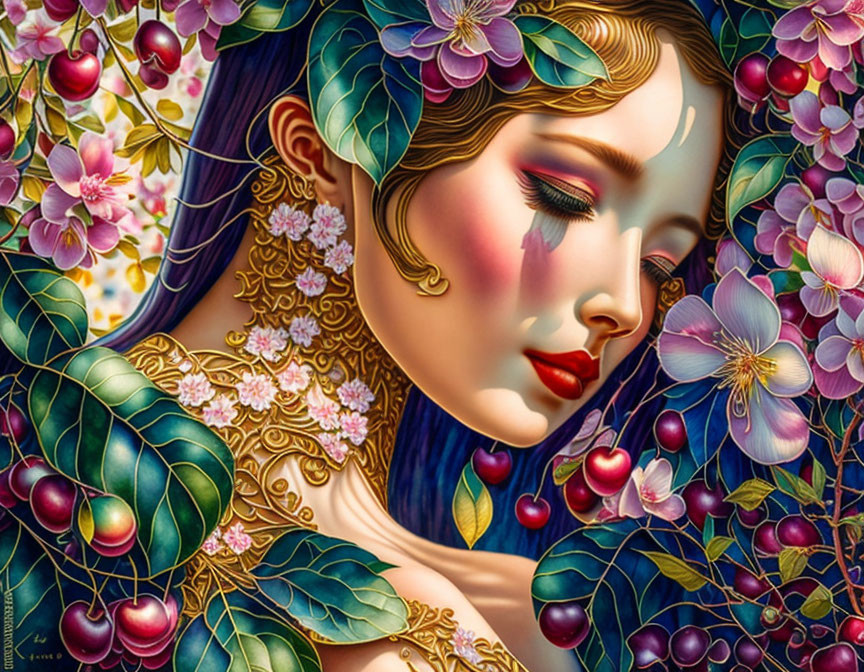 Colorful Woman Illustration with Floral Motifs and Cherries in Hair