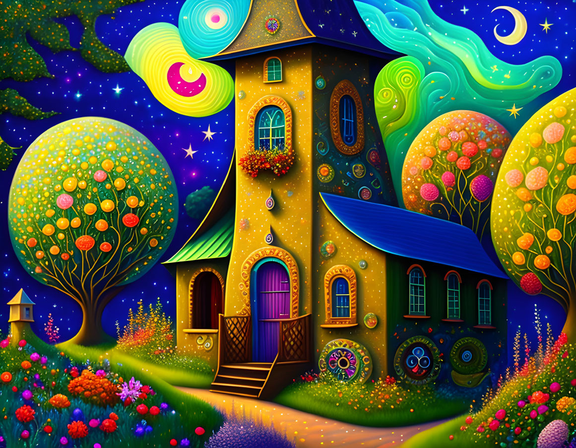 Colorful whimsical night scene with vibrant house and glowing trees