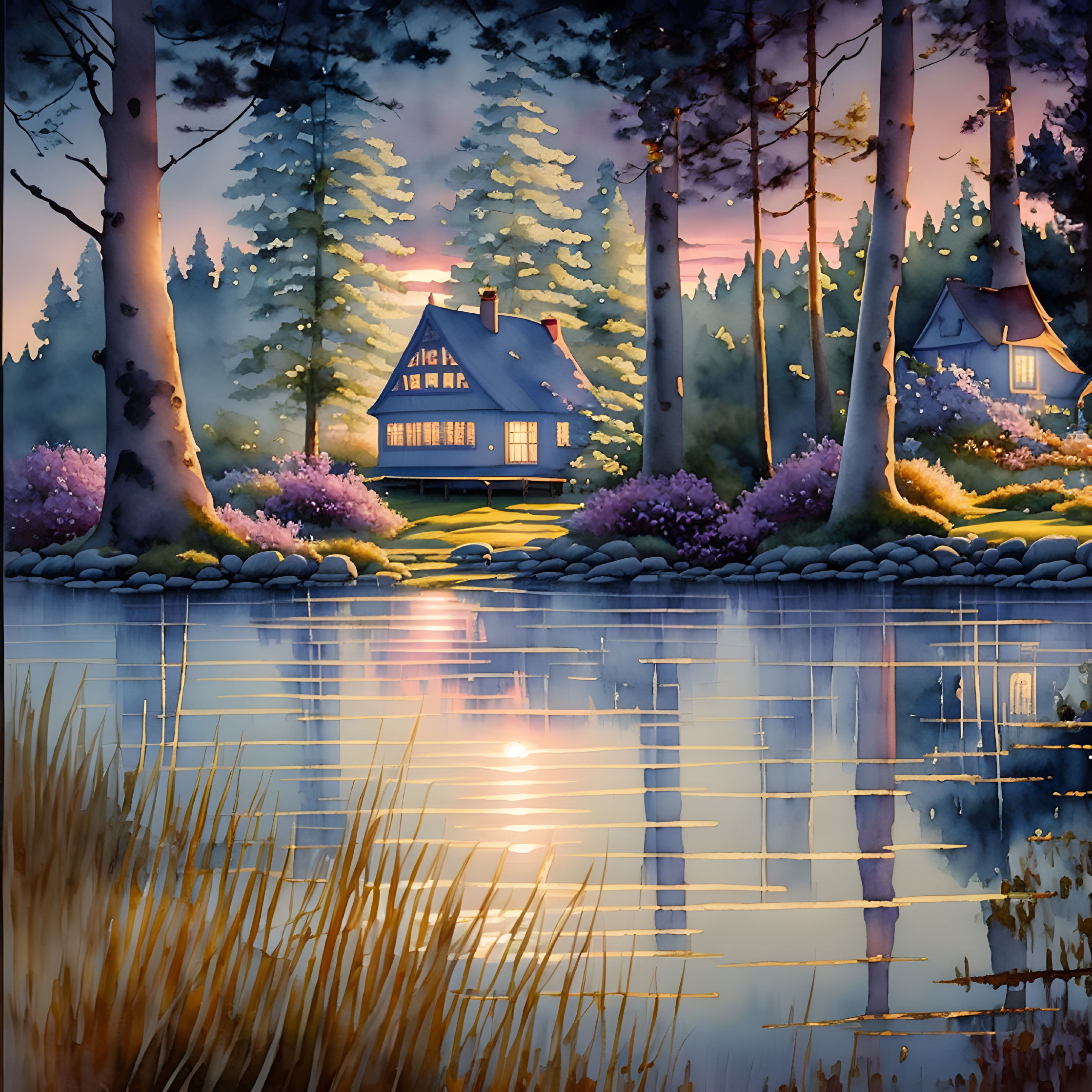 Tranquil lake at twilight with cozy cottage, pine trees, warm lights, and purple flowers