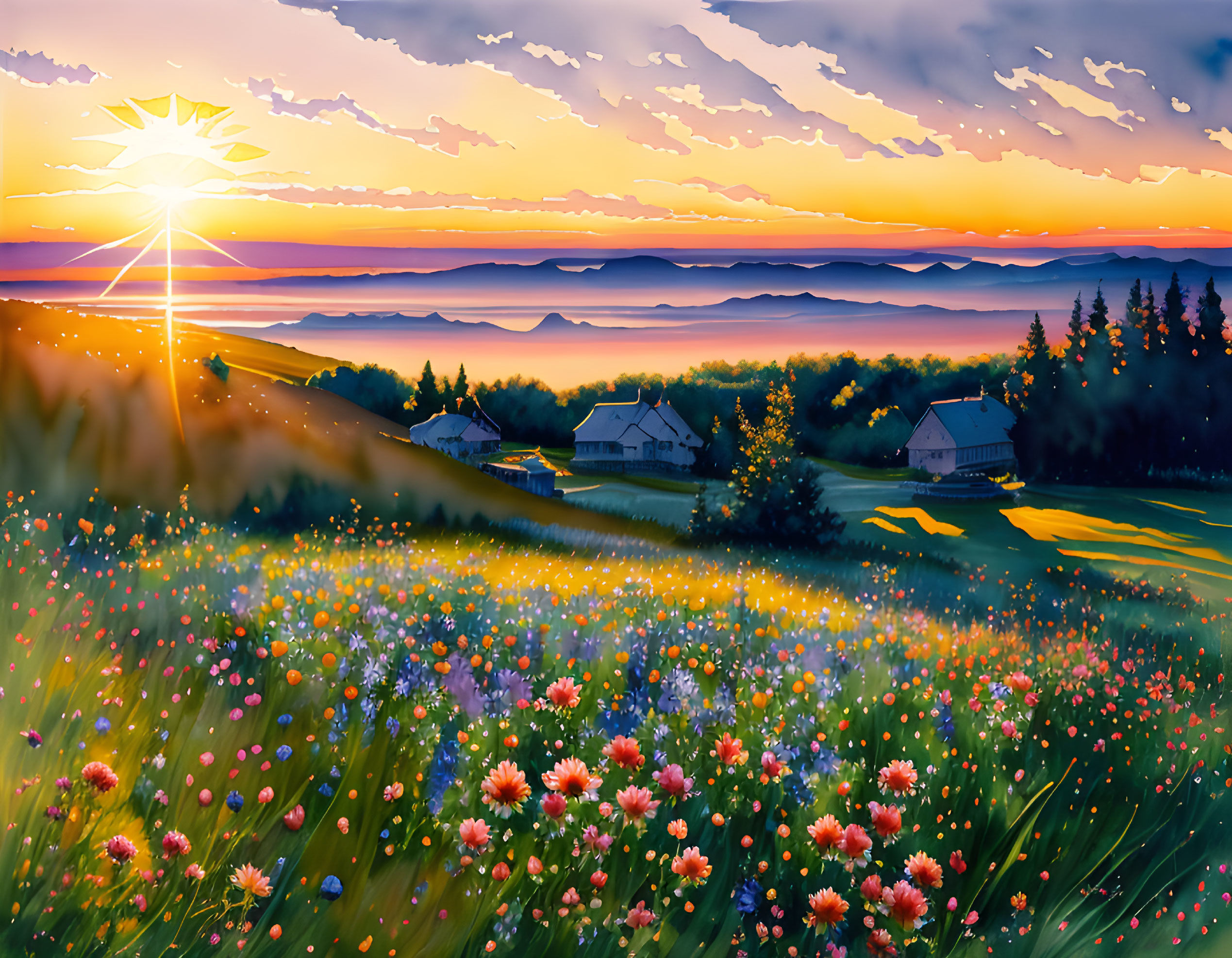 Colorful Sunset Illustration Over Floral Meadow with Houses and Cloudy Sky