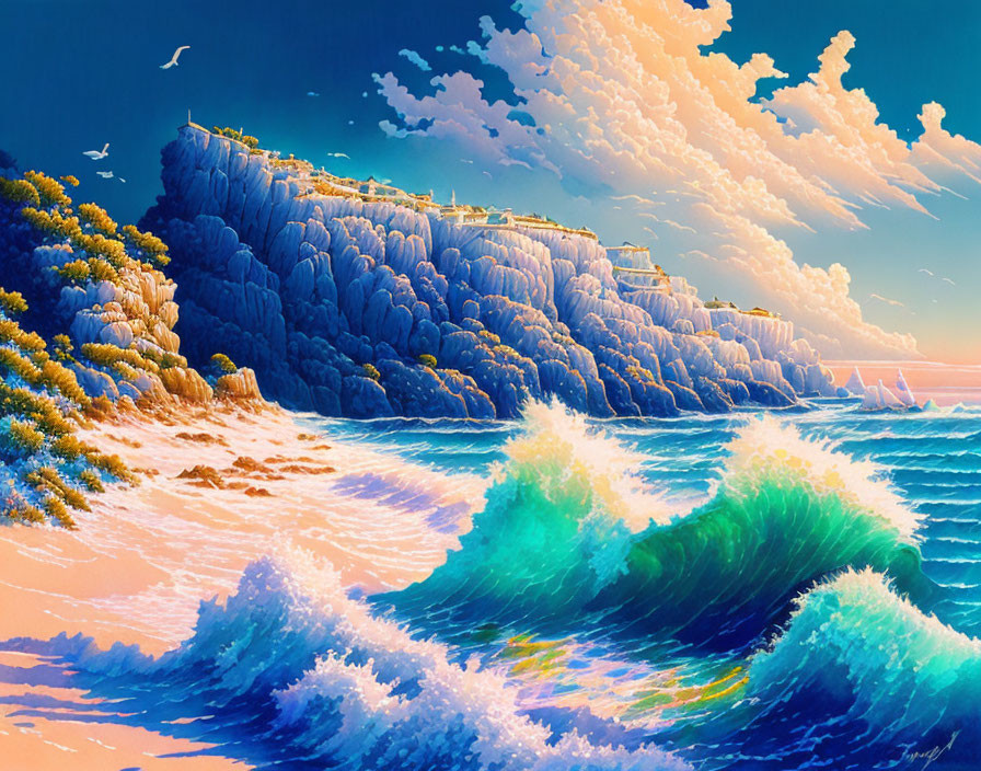 Scenic seascape with azure waves, rocky cliff, pastel sunset sky, and seabirds