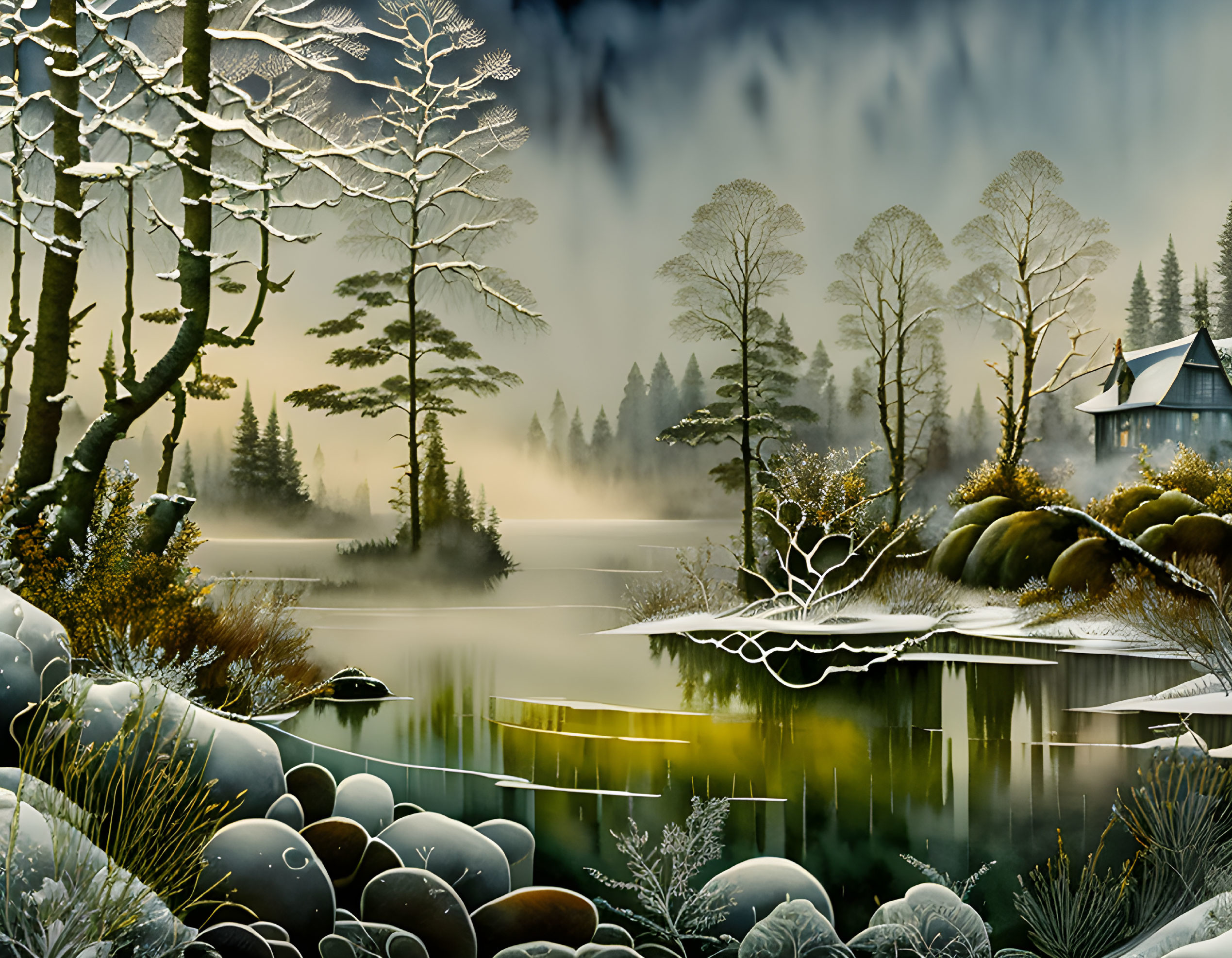 Frozen lake, frosted trees, cozy cottage in serene winter landscape.