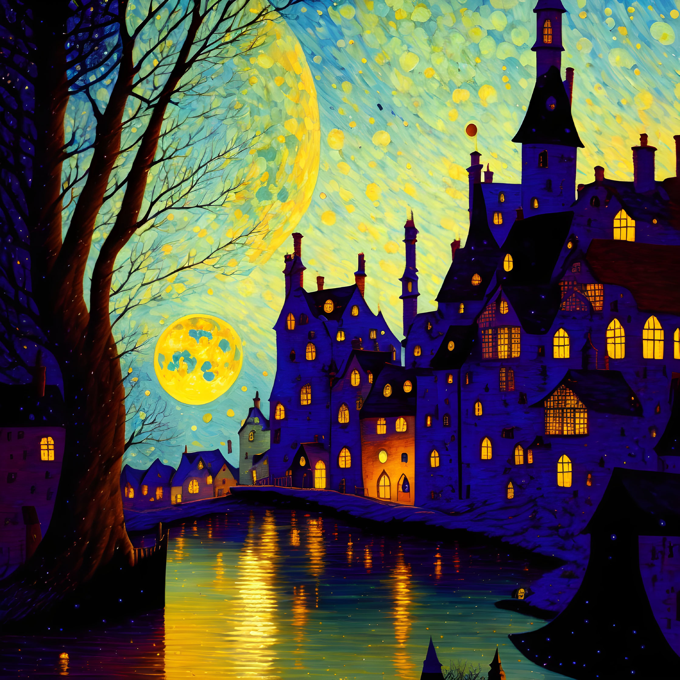 Moonlit night illustration: grand castle, reflective river, starry sky, bare tree.