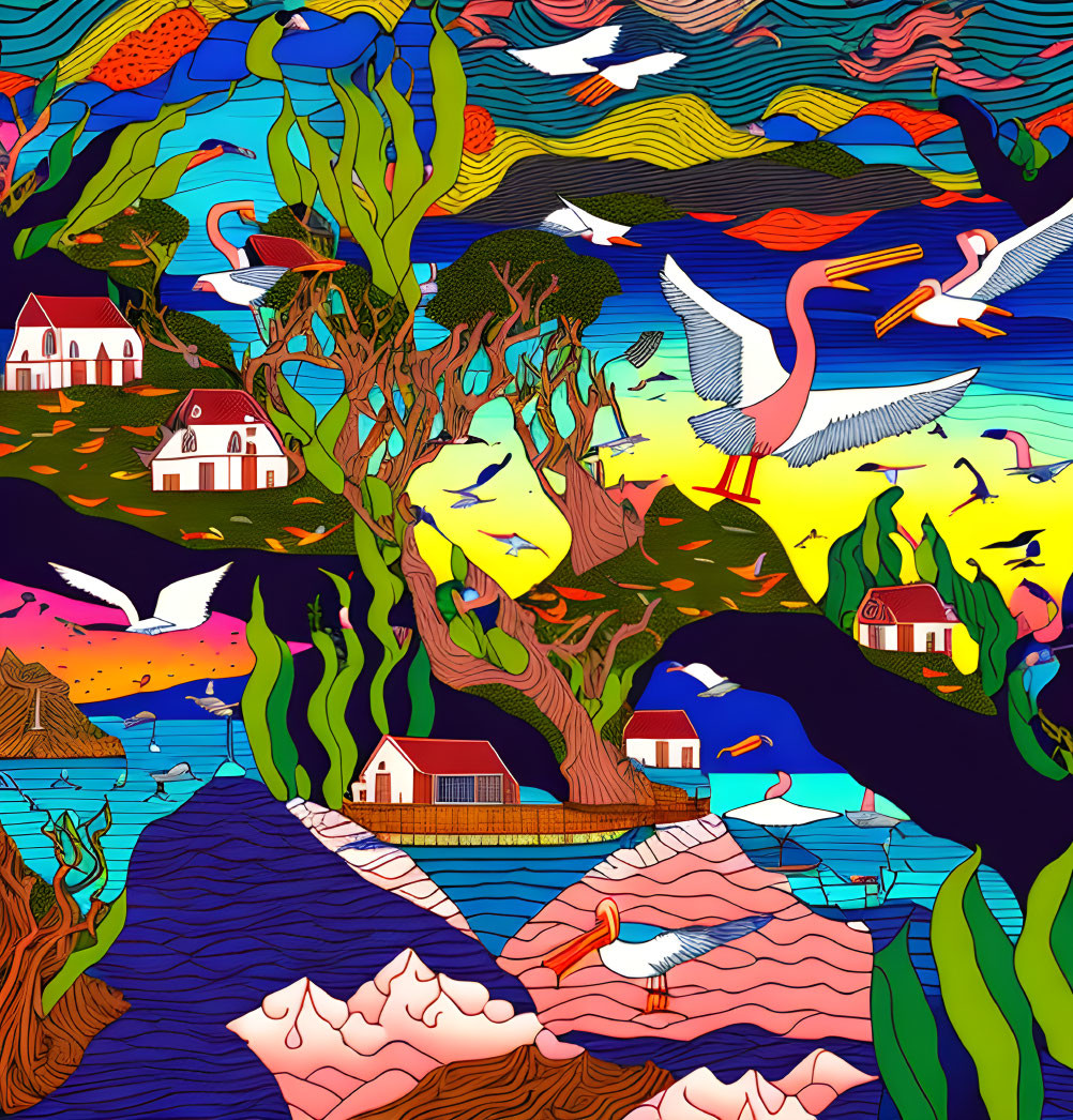 Detailed Abstract Seaside Landscape with Houses, Seabirds, Fish, and Waves