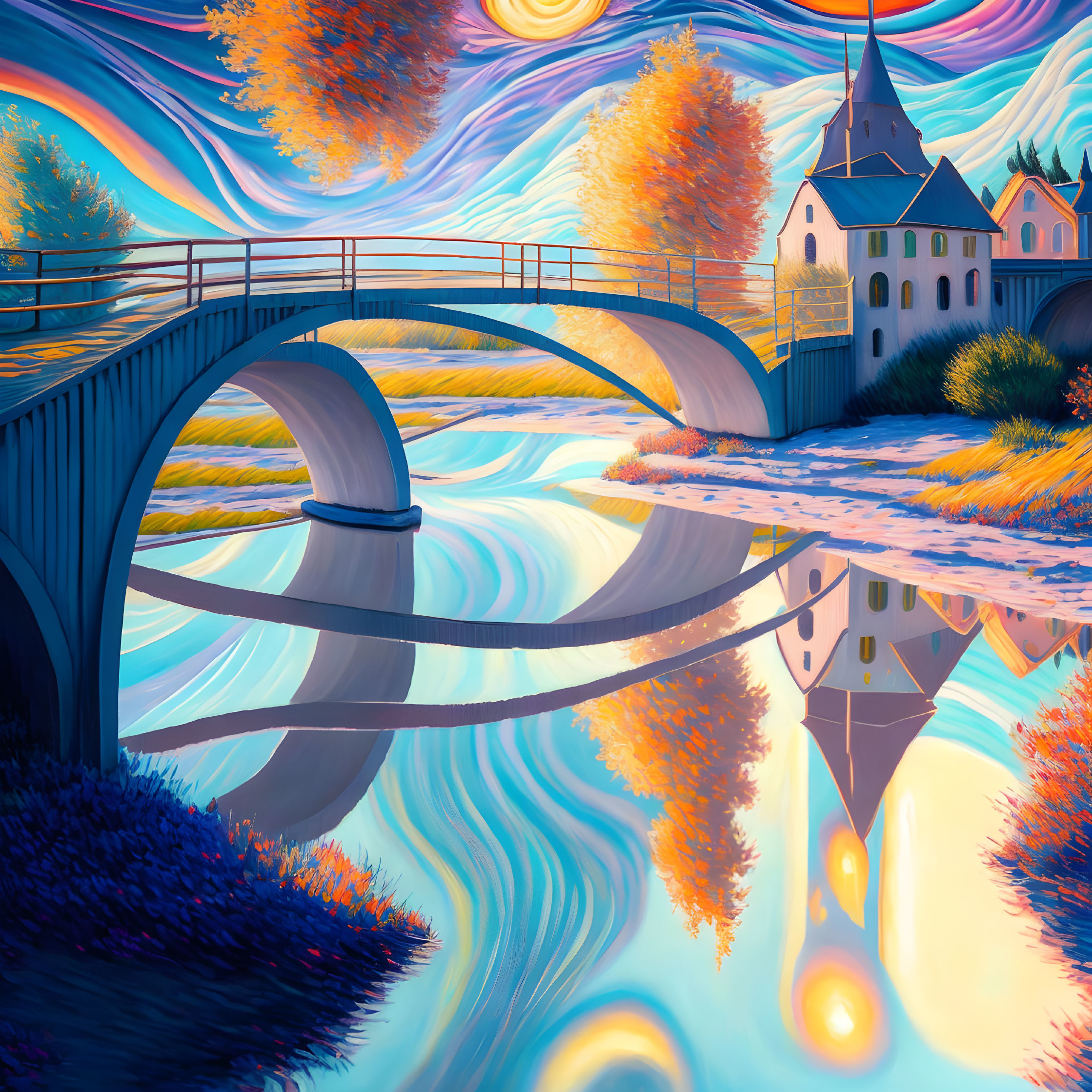 Colorful surreal artwork: Bridge over reflective water with swirling sky patterns