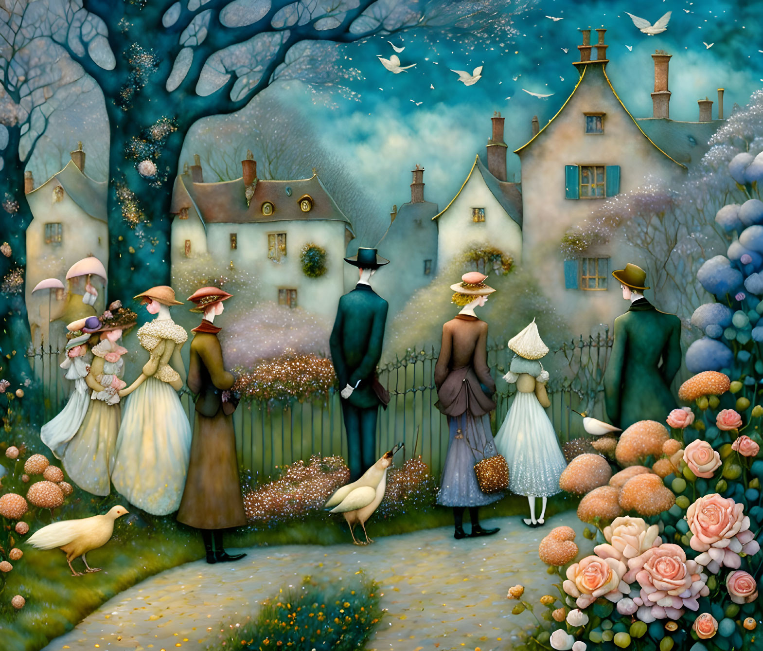 Vintage-style illustration of elegantly dressed figures in quaint village scene with abundant florals and whimsical birds