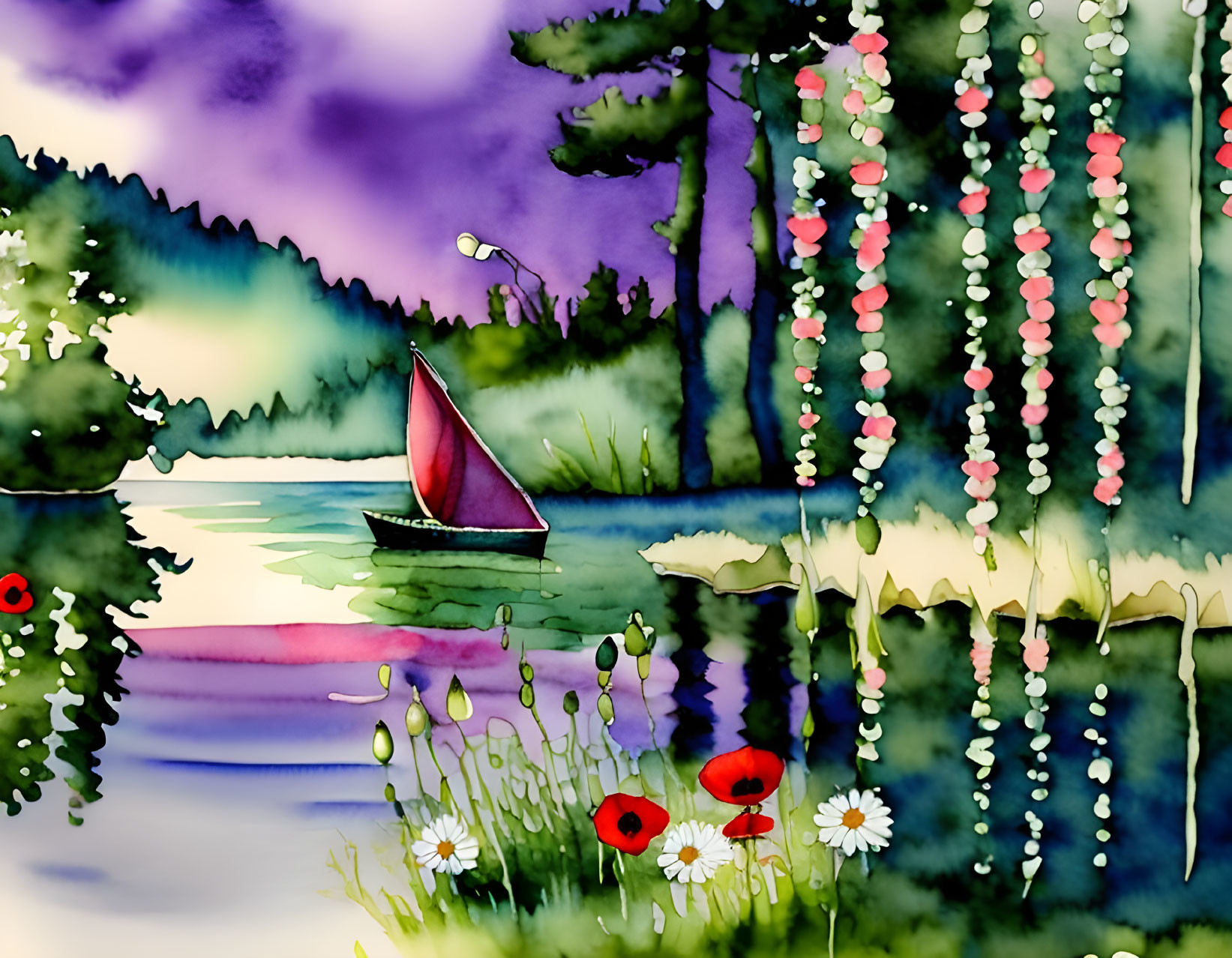 Vibrant watercolor painting of serene landscape with lake, sailboat, greenery, flowers.