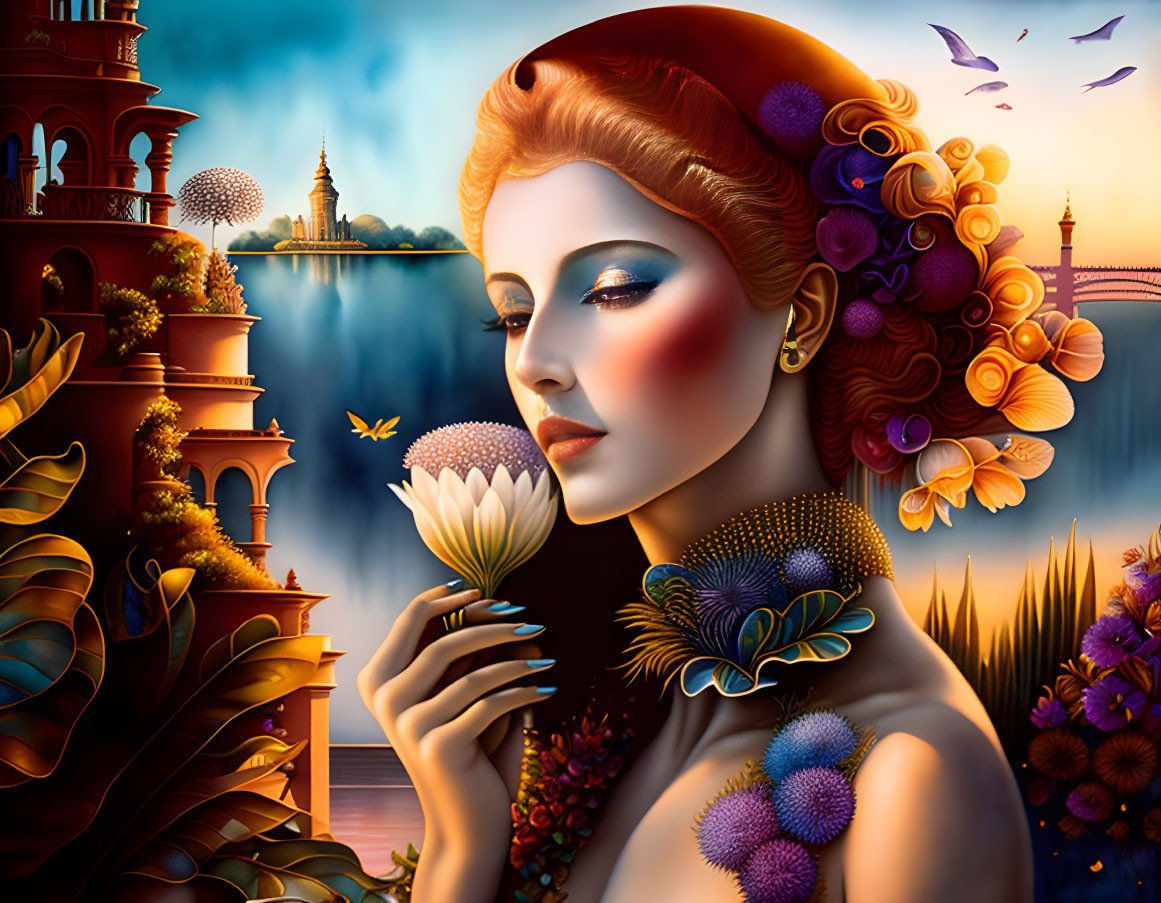 Woman portrait with flower-adorned hair and jewelry in fantastical setting.