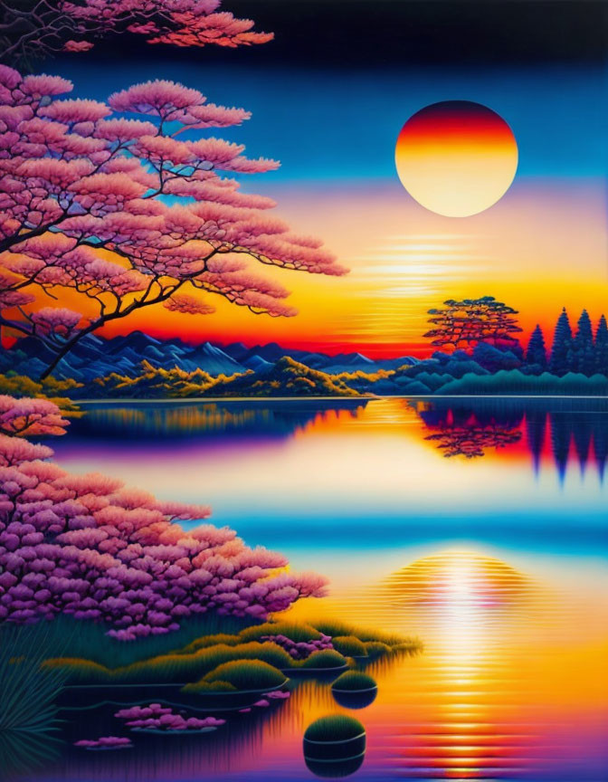 Colorful sunset landscape with pink blossoming trees and distant mountains