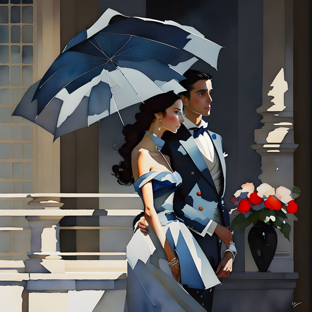 Illustration of elegant couple under blue umbrella with architectural columns and red flowers