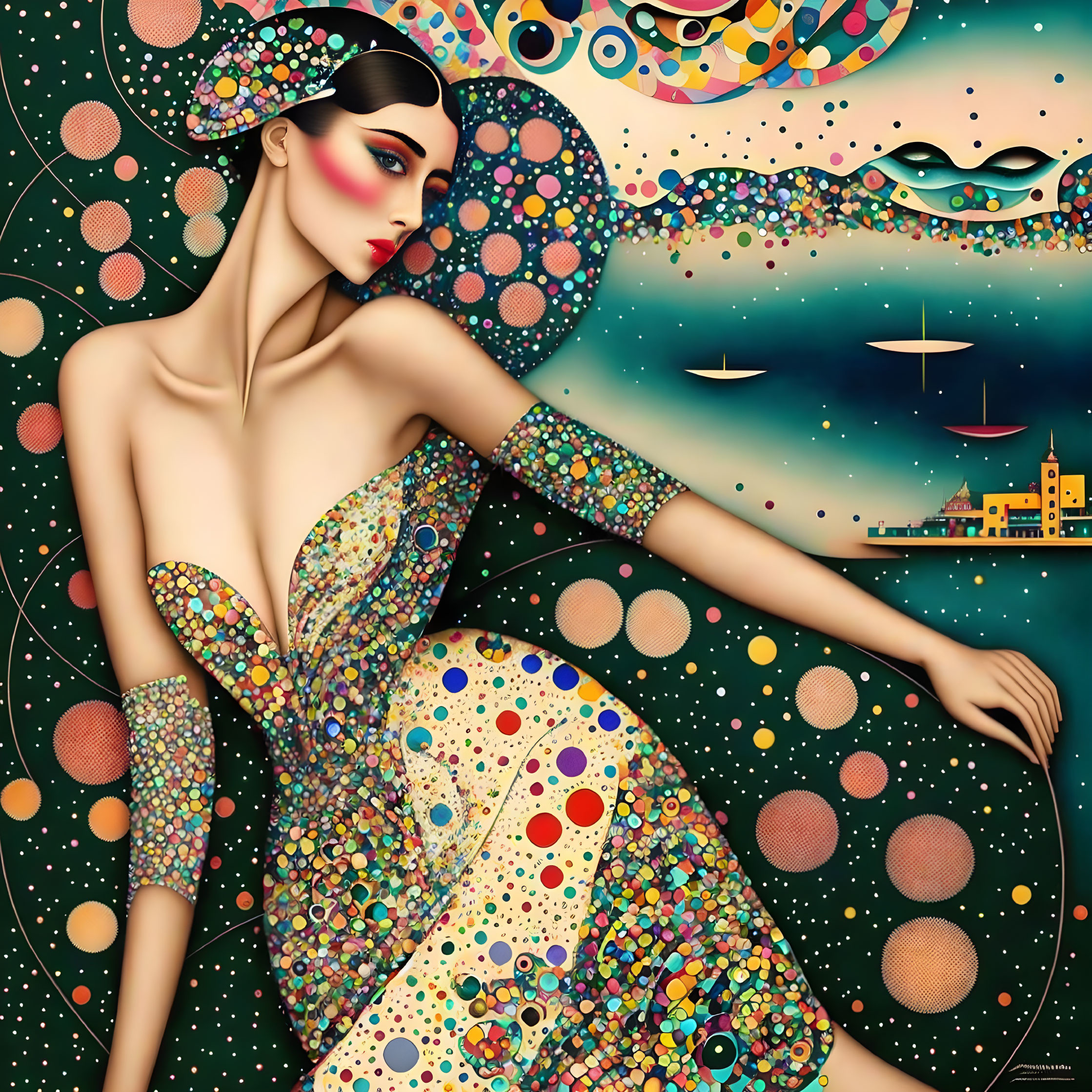 Colorful Woman Illustration with Patterned Dress and Hat in Whimsical Seascape