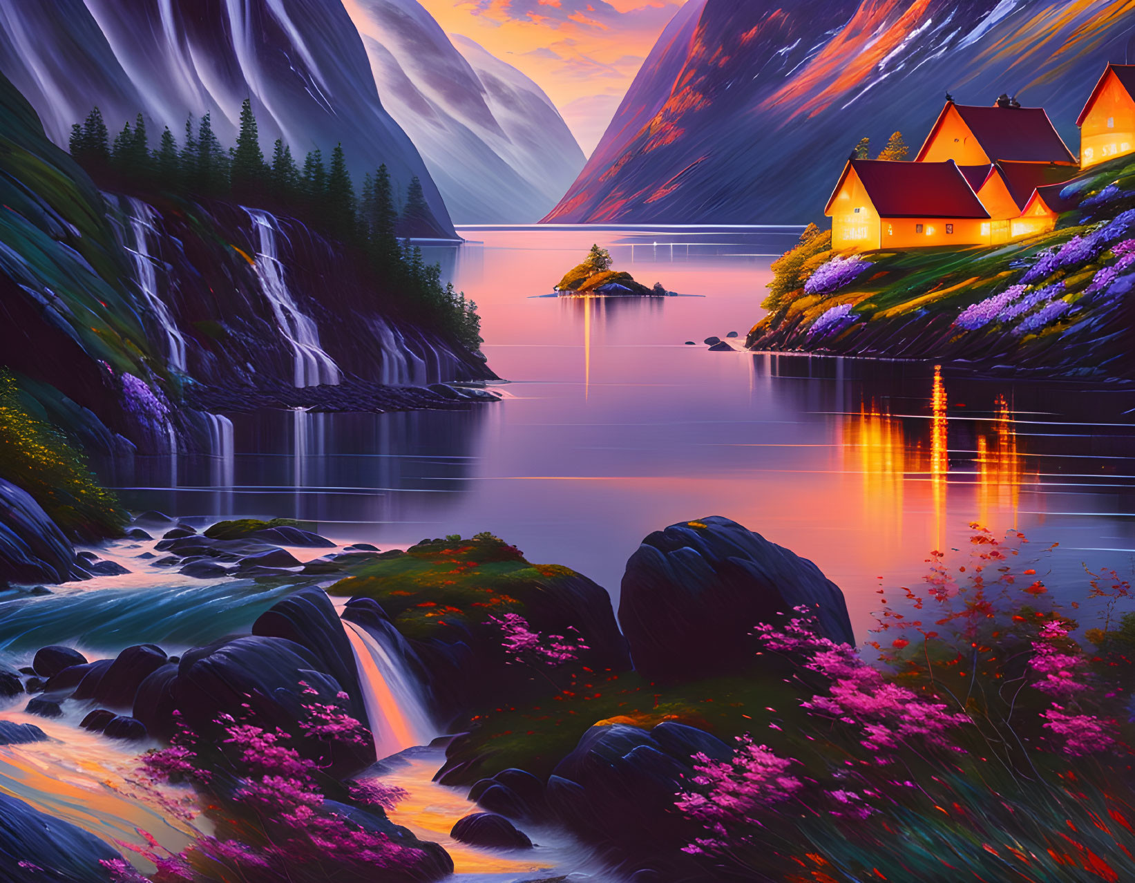 Scenic landscape with waterfall, stream, colorful flora, houses, and serene lake at sunset