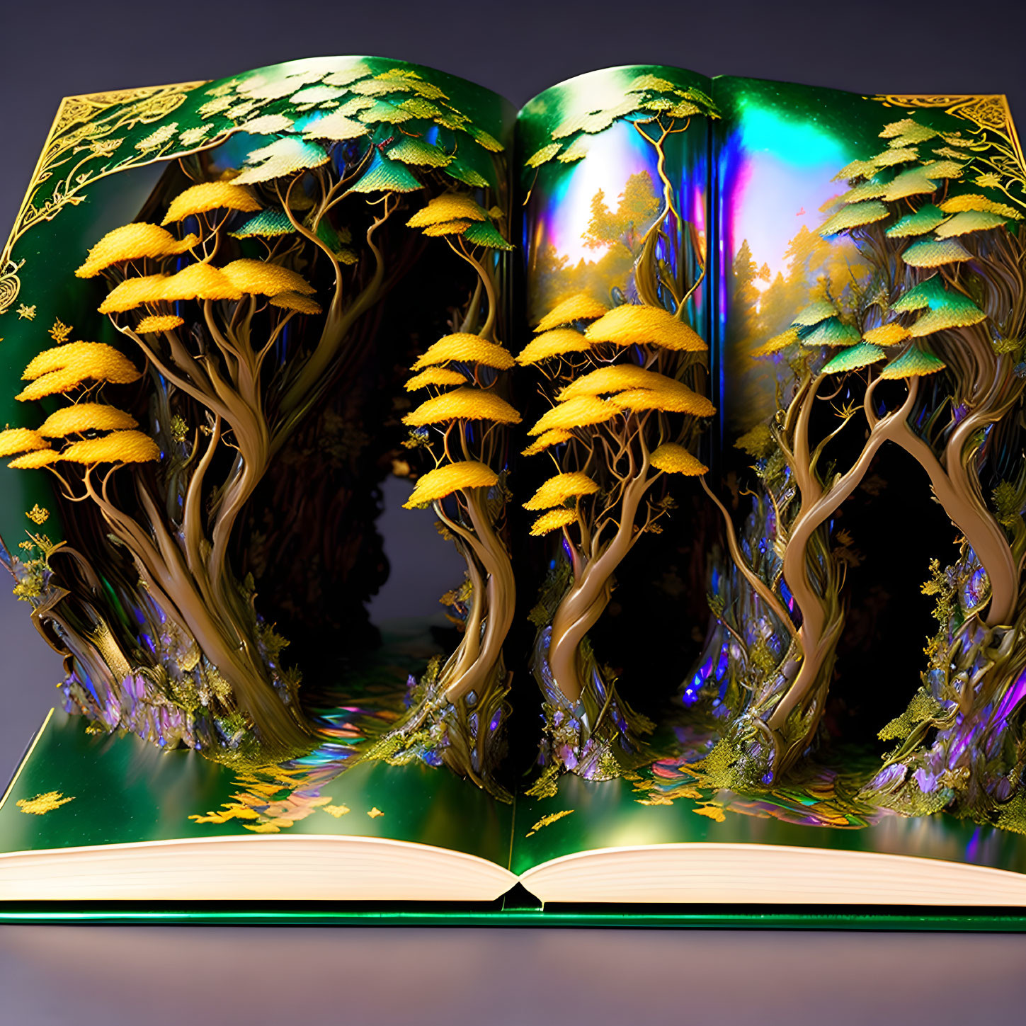 Vibrant 3D pop-up book: Golden-yellow daytime forest & purple twilight scene