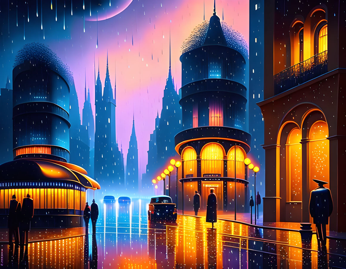 Rainy Night Cityscape with Futuristic Towers and Silhouetted Figures