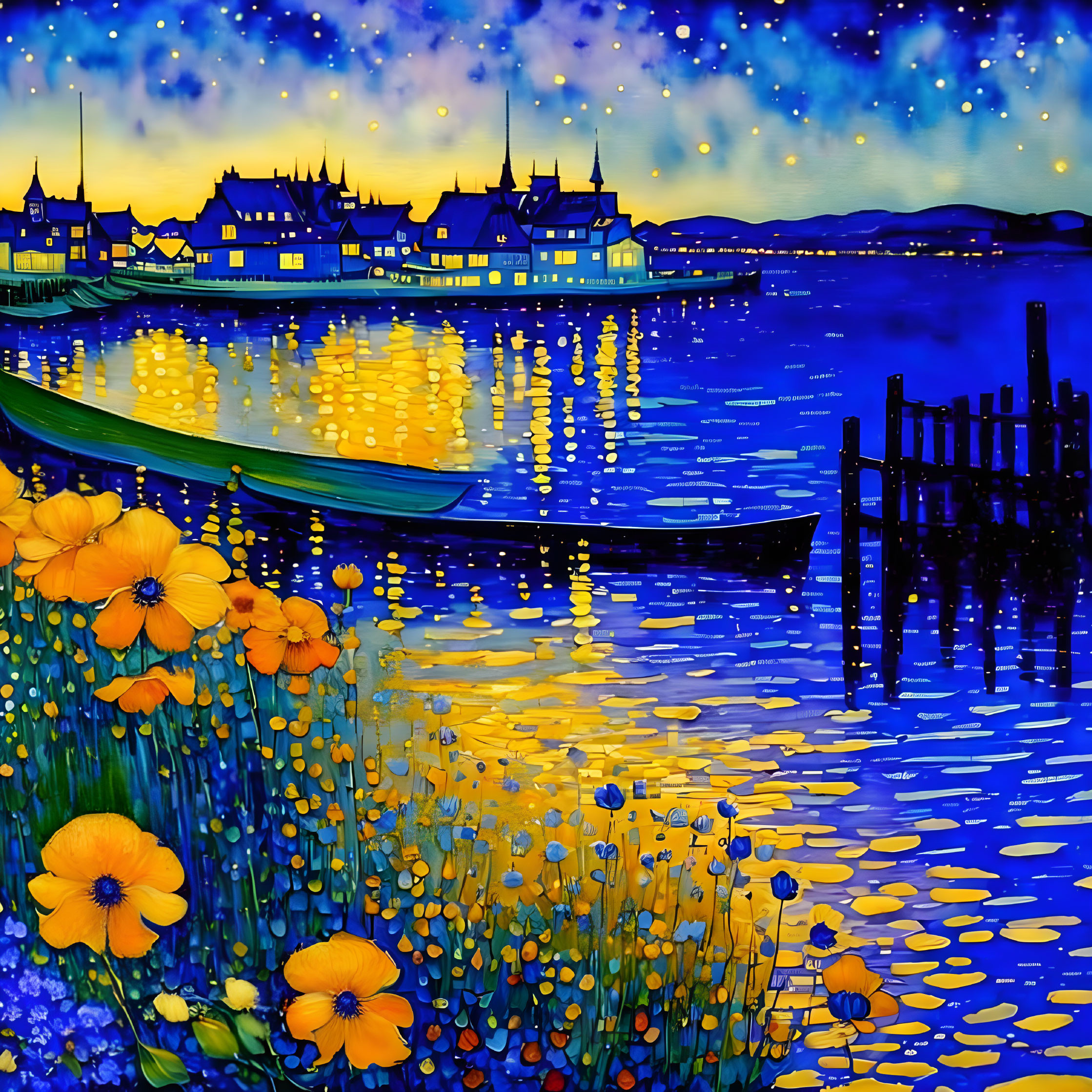 Colorful coastal village painting with starry sky, water reflections, houses, dock, boat, and