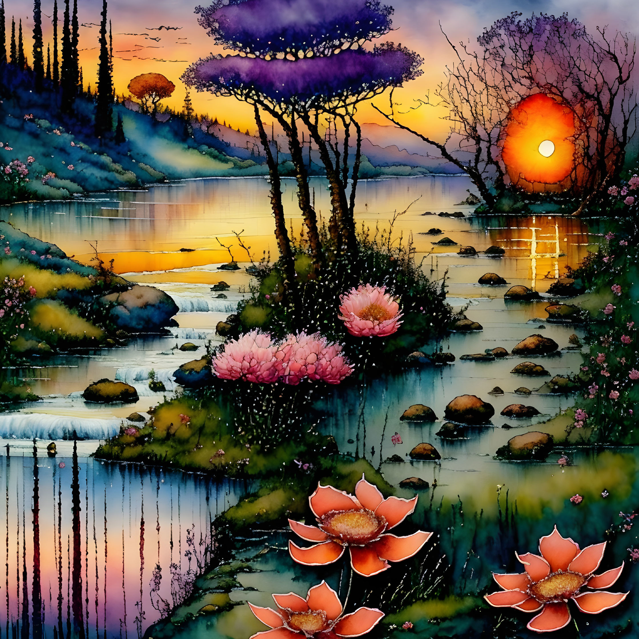 Tranquil sunset painting with lotus flowers and serene lake