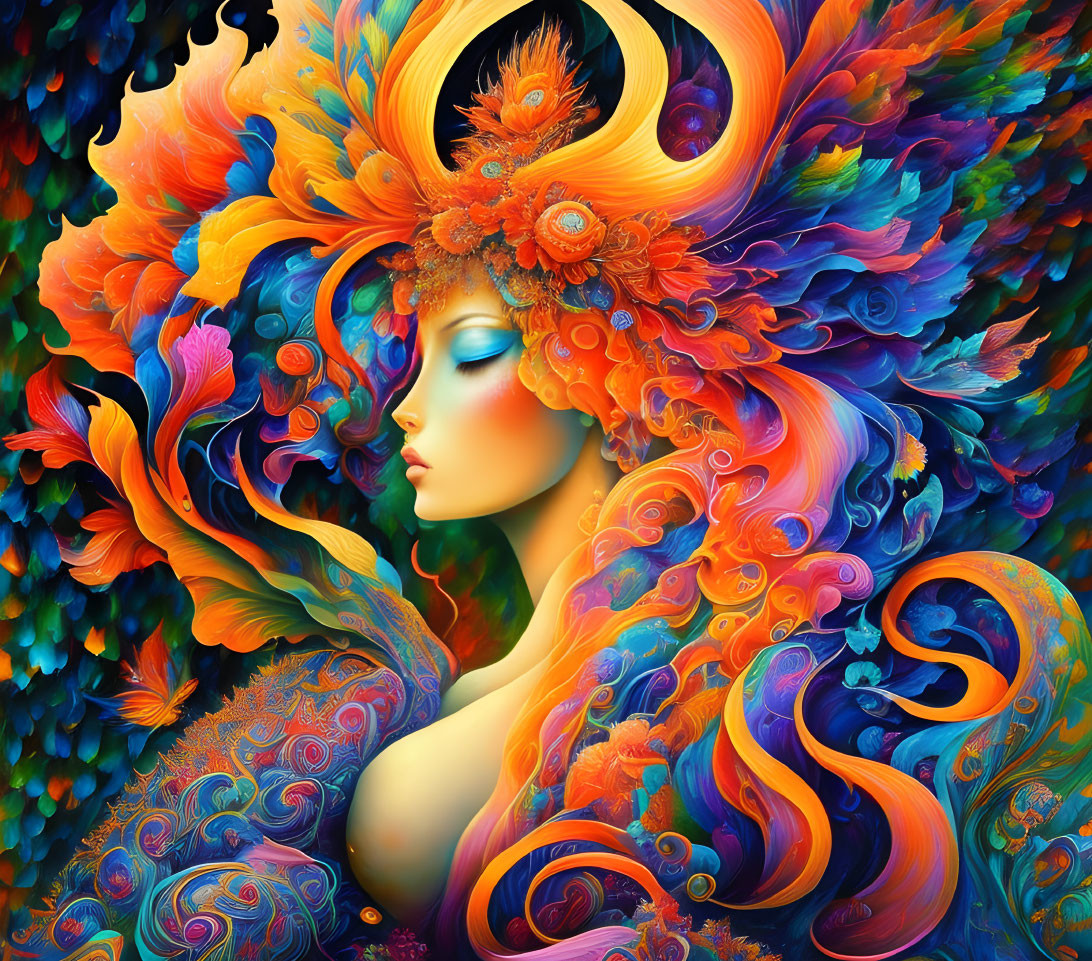 Colorful digital artwork of a woman with peacock-like headdress