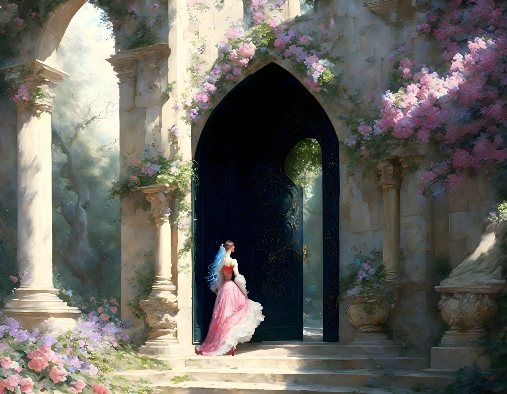 Woman in pink dress at sunlit ivy ruins with flowers