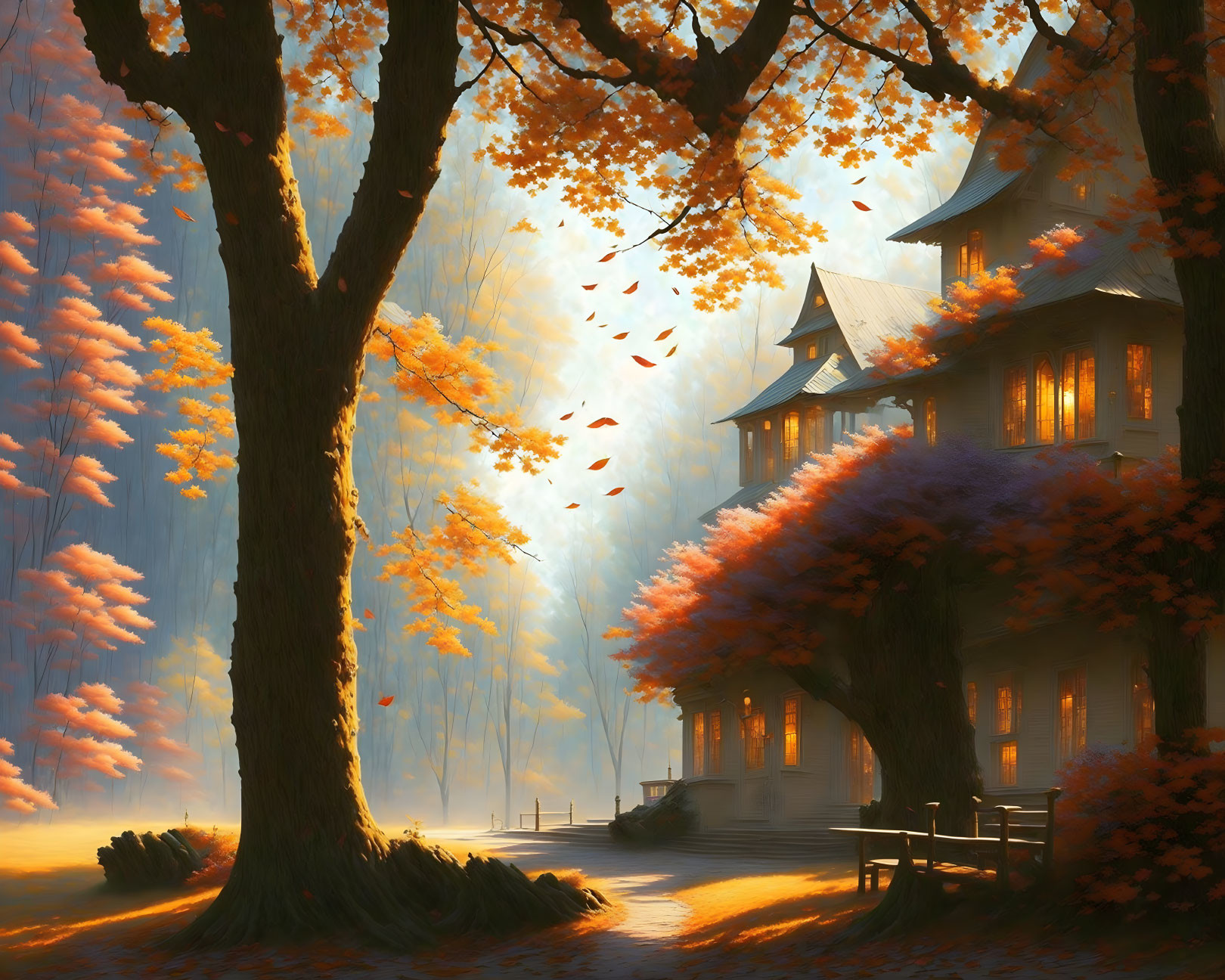 Warmly Lit House Among Golden Autumn Trees with Falling Leaves