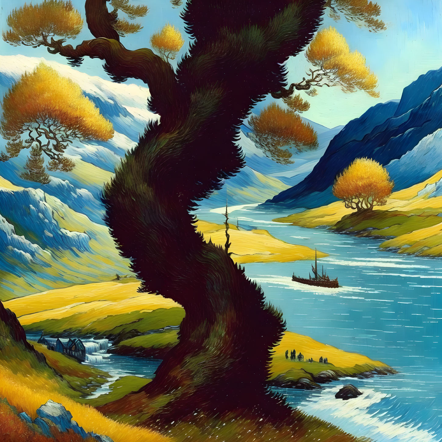 Vibrant painting of twisted tree, golden leaves, river, sailboat, figures