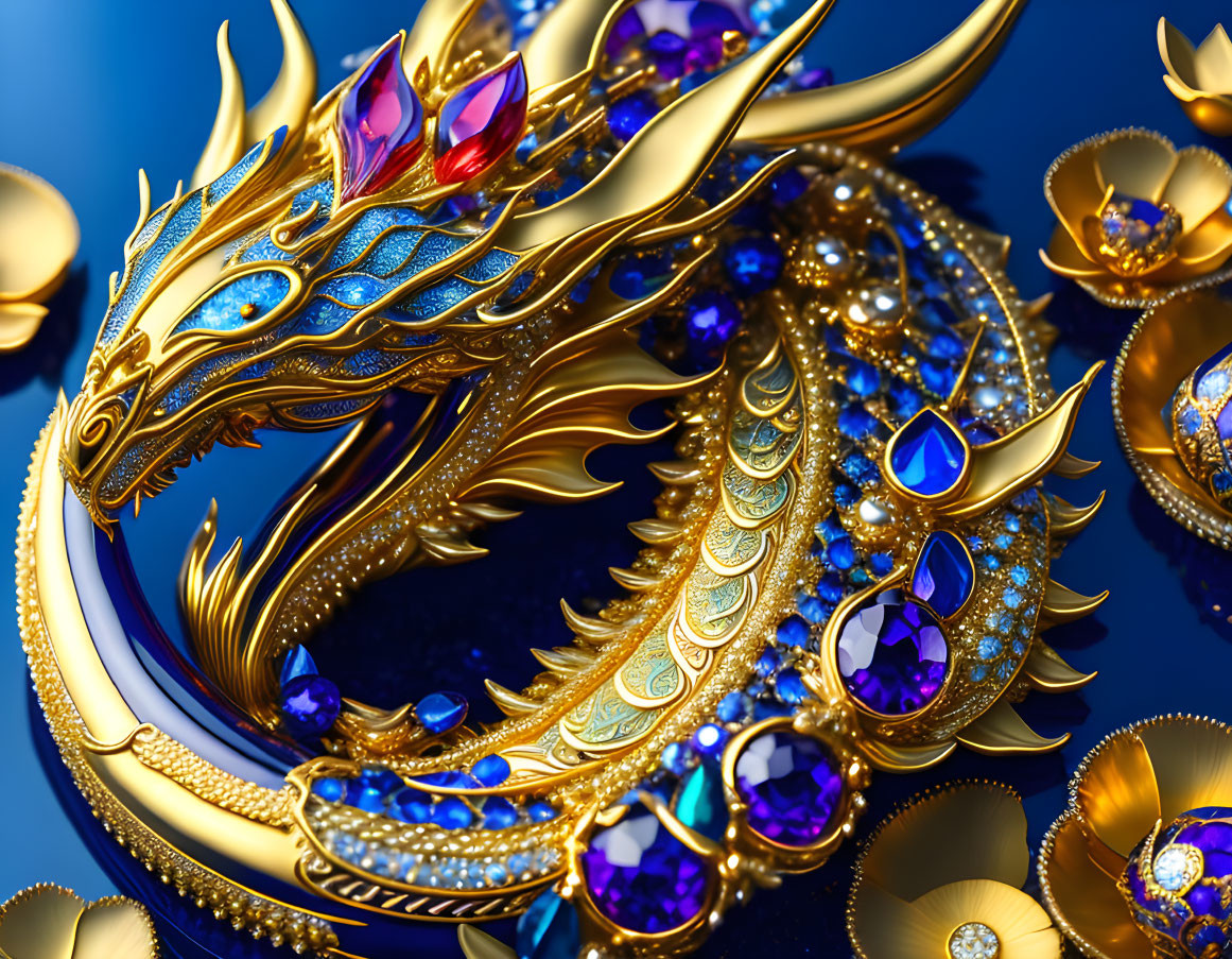 Golden dragon with gem-adorned intricate designs on blue background