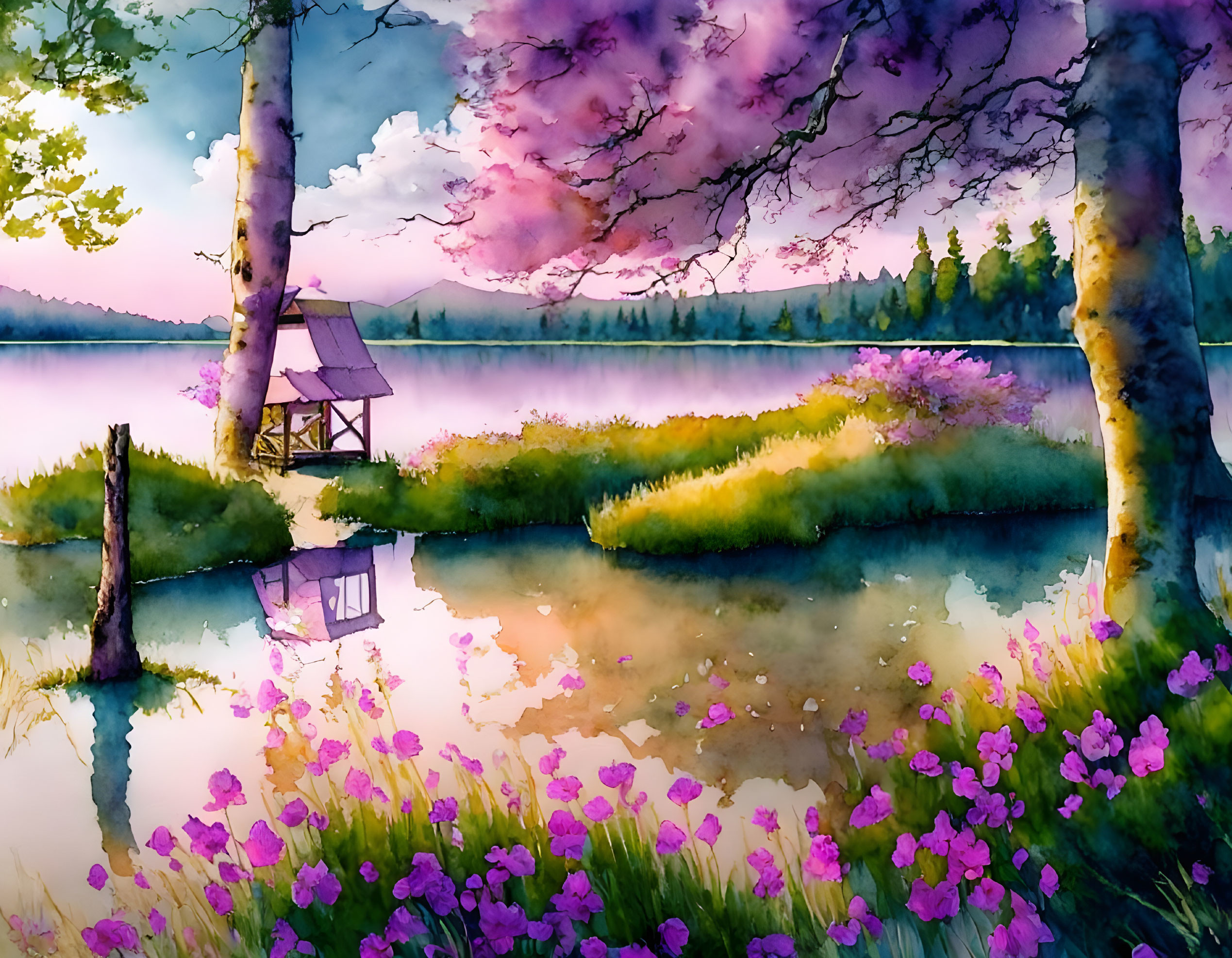 Serene lakeside watercolor painting with hut, flowers, waters, and sunset