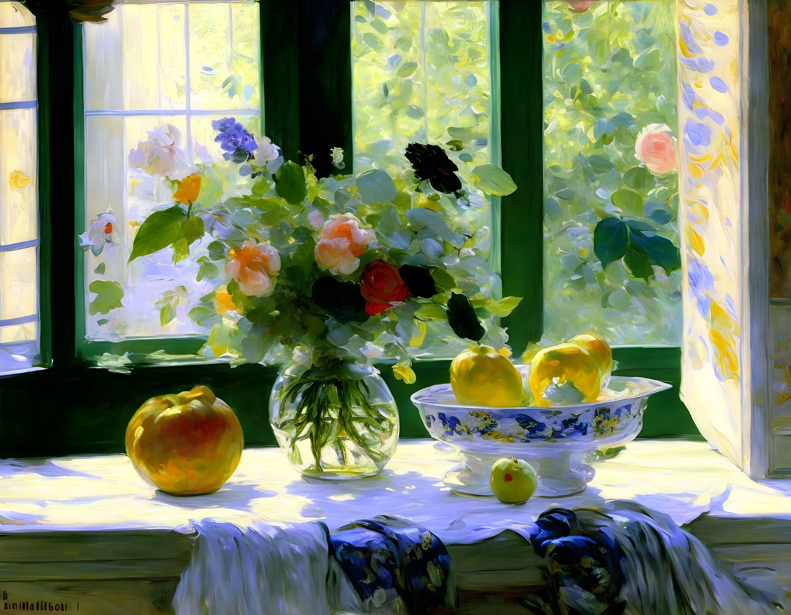 Colorful Still Life Painting of Window Sill with Flowers, Lemons, and Apple